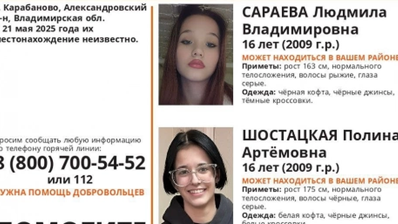 Главная картинка новости: Пропали две 16-летние девушки из Александровского района