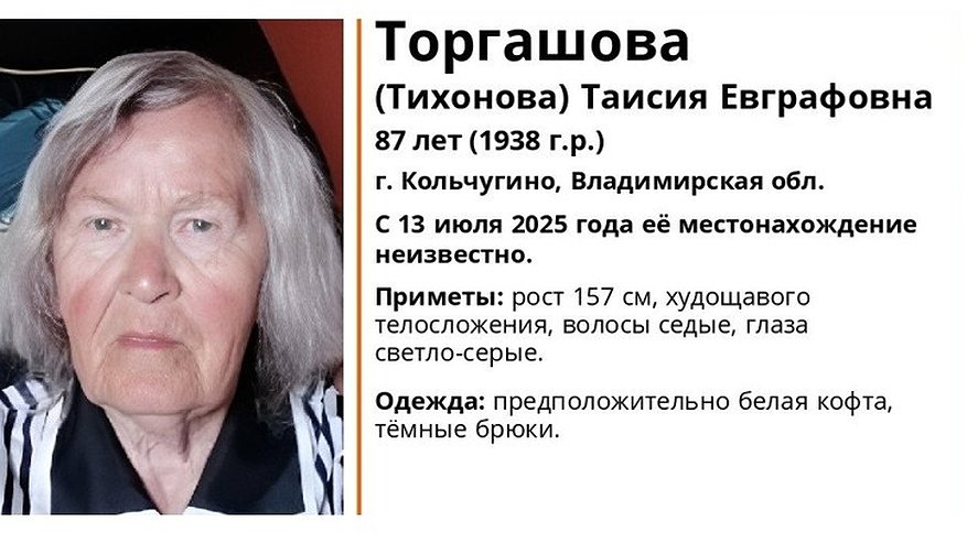 Главная картинка новости: В Кольчугине пропала 87-летняя женщина в белой кофте и тёмных брюках
