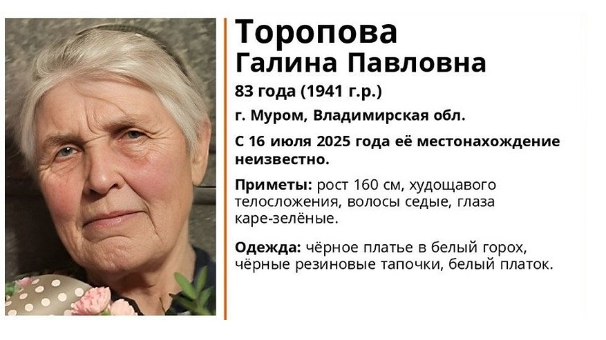 Главная картинка новости: В Муроме пропала 83-летняя женщина в чёрном платье в белый горох