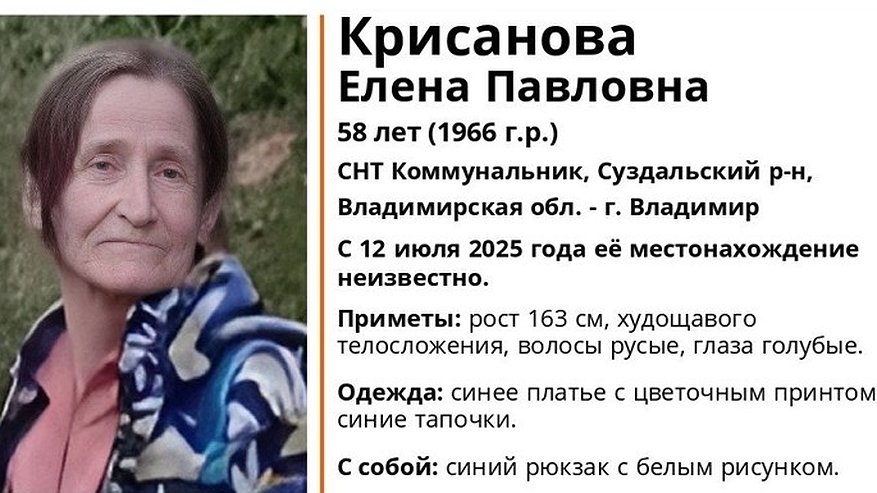Главная картинка новости: В СНТ Коммунальник под Суздалем пропала 58-летняя женщина в синем платье и с рюкзаком