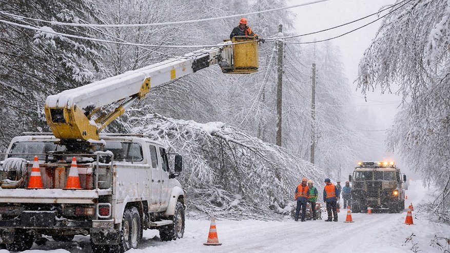 Главная картинка новости: Во Владимирской области энергетики устраняют отключения света после сильного снегопада